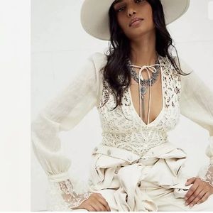 Free People SORELLE Ivory Crochet Cropped Blouse